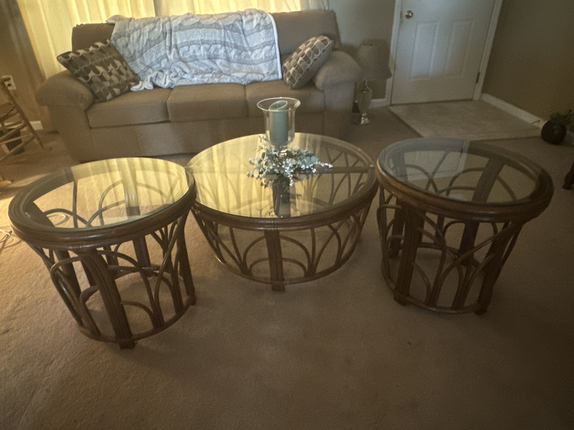 Wicker Coffee Table & 2 End Tables
