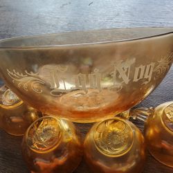 Vintage Jeanette Marigold Carnival Glass Egg Nog Punch Bowl, With 4 matching cups