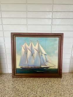 Vintage maritime ART 1935 “Shooner Atlantis” ocean sea original PAINTING