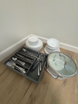 Kitchen Essentials Bundle - Plates, Bowls, Silverware, Tray & Pot