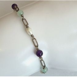 Sterling Silver Amethyst Aquamarine Freshwater Pearl Link Bracelet