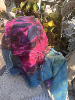 Vtg hand made wool scarf 60”L 17” wide pinks, blues, yellow tones 