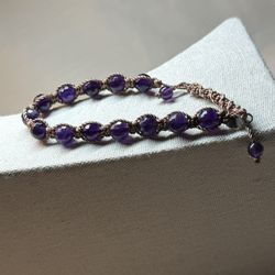 Faceted Amythyst Beaded Silk Macrame’ Cord Adjustable Bracelet By Soul Journey