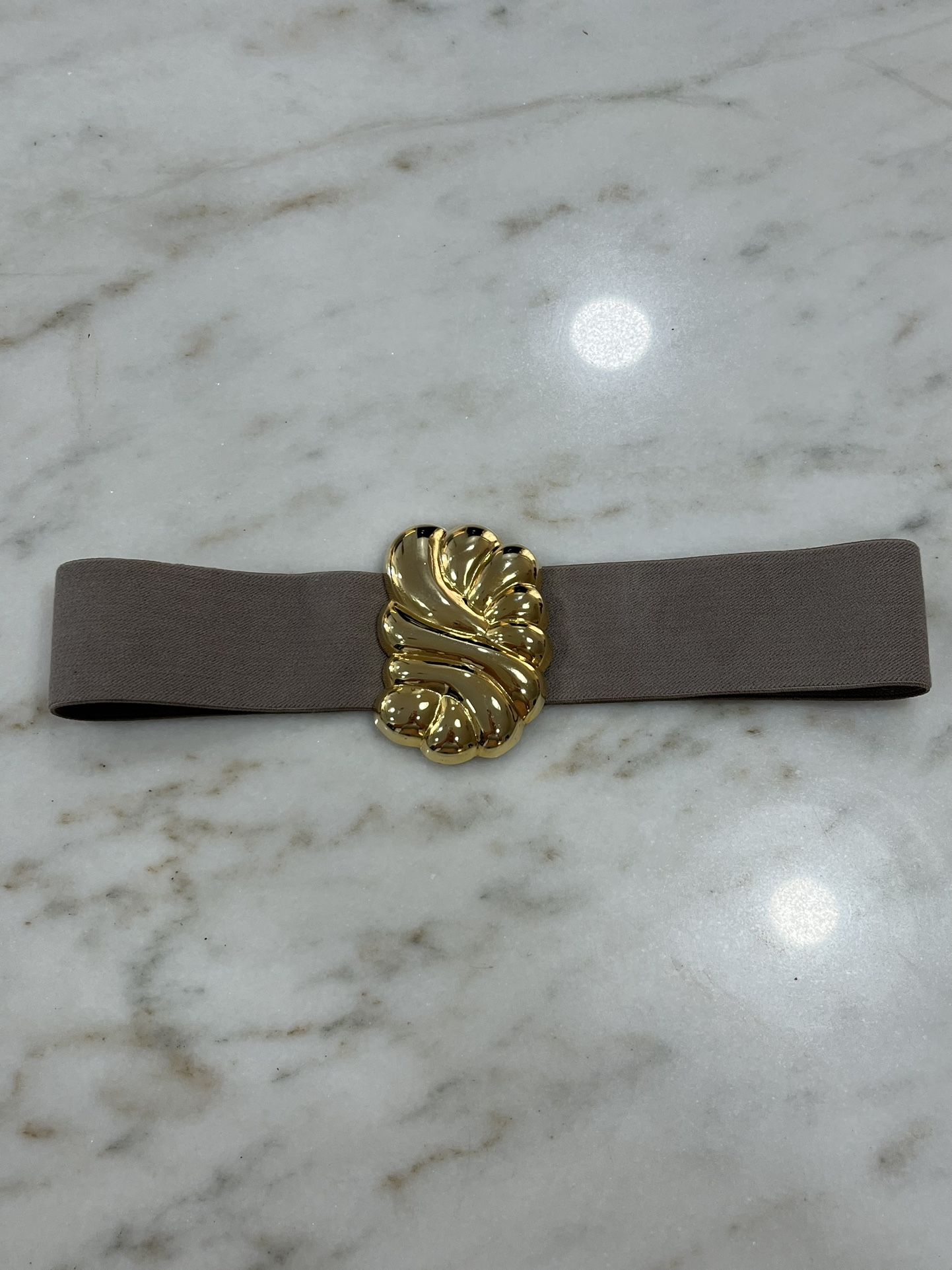 Vintage Belt 80s Signed Fashion Pearl Brass Elastic Stretch Enamel Gold Taupe Beige