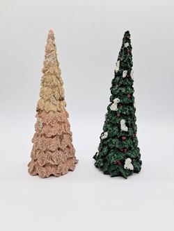 8.5 in. Decorative Holiday Ceramic Pink and Green Figurine Christmas Trees 2 Count