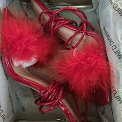 Red Pom Pom Tie Up High Heels 