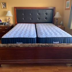 California king Wooden Marble Bed frame With Black Leather Headboard 
