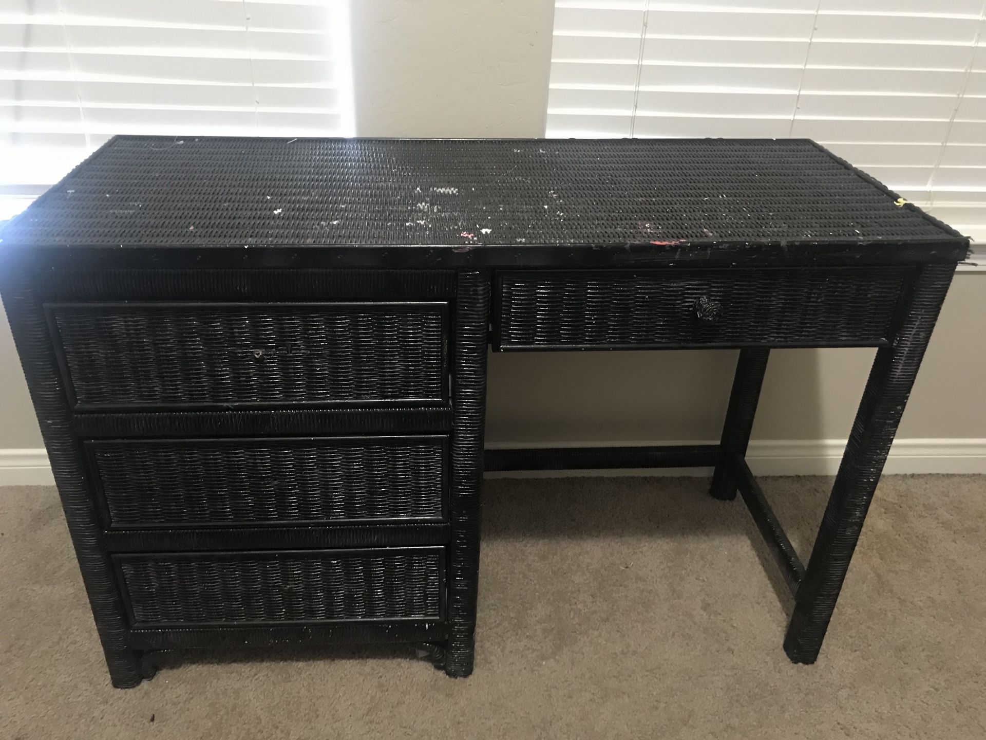 Full size frame and head board (has bookshelves), wicker dresser and desk, small night stand with pull out shelf. $150 or with mattress and box sprin