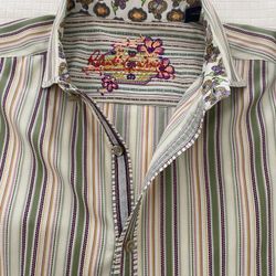 Robert Graham Men ‘s Shirt Sz L, Green/orange Gold/ beige/purple Strips 