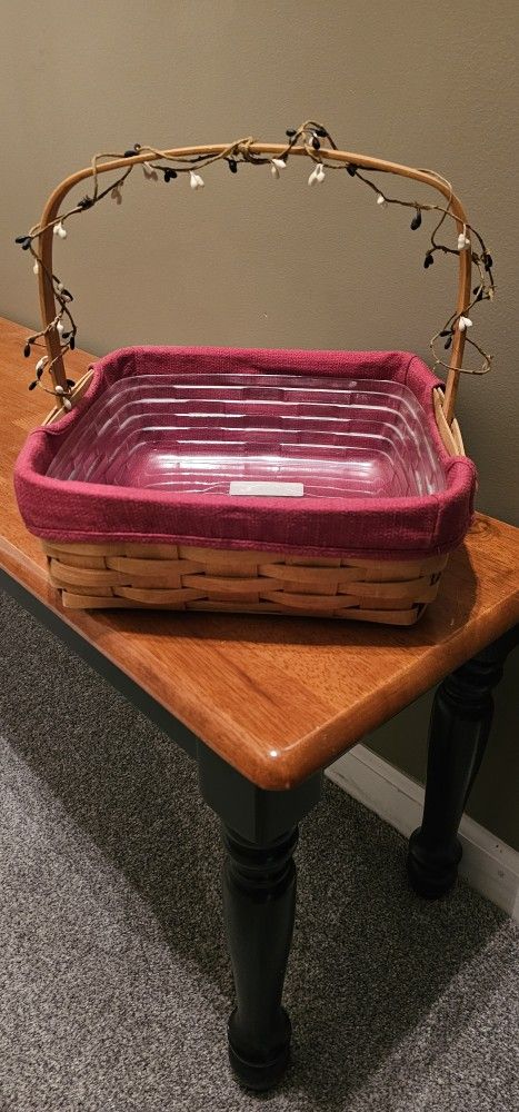 Longaberger Basket With Burgundy Liner And Protector