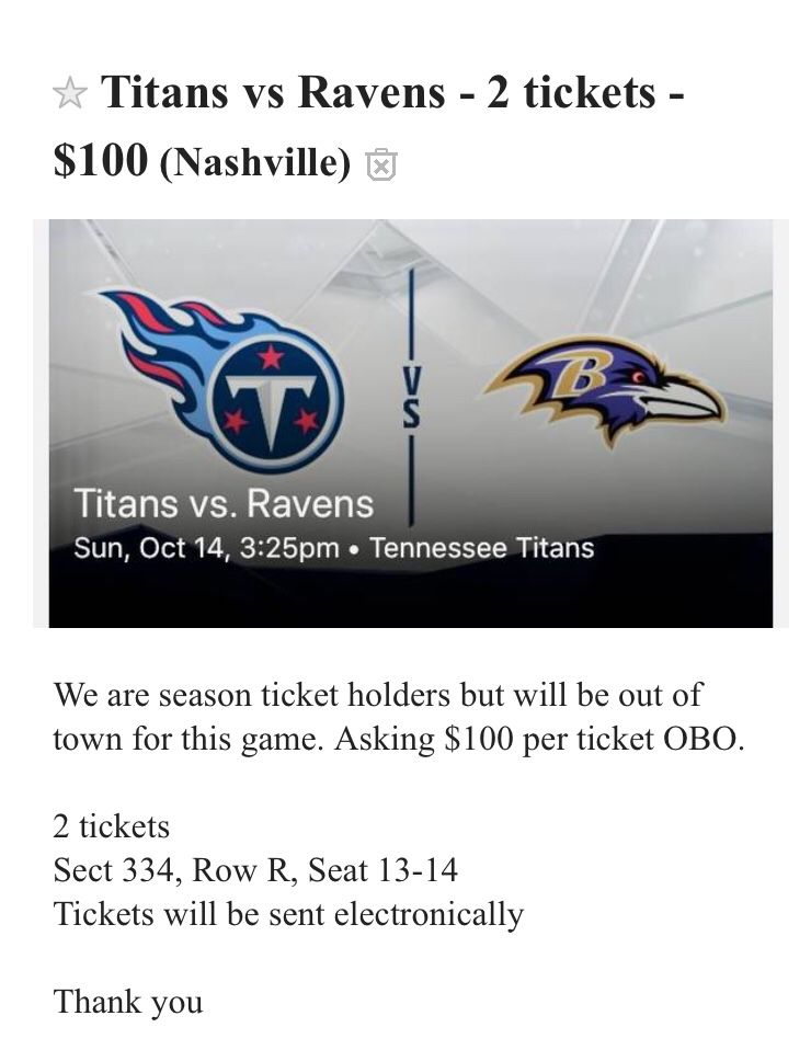 (2) Titans vs Ravens tickets