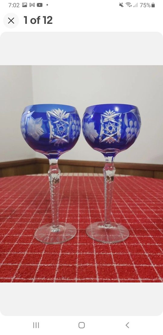 2 Cut To Clear Bohemian Czech Style Cobalt Blue Wine Hock Balloon Glasses