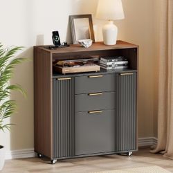 Fluted Storage Cabinet with 3 Drawers, 37" Small Modular Sideboard Buffet with Adjustable Shelf