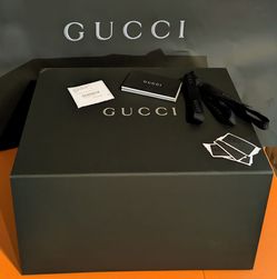 BRAND NEW: Gucci Black/Silver Logo (empty) Folding Box & Ppr Shop Bag, COA, Tag, Ribbon & Stickers