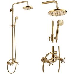 gotonovo Exposed Shower System 8’’ Head with Handheld Polished Gold Brass Exposed Bathroom Shower Faucet Set Fixture,6’’ Hole Distance,2 Cross Handle,