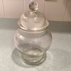 Vtg. 1960s Textured Thick Glass Apothecary Candy Cookie Jar Gasket Sealed Canister 8.5” Tall