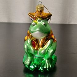 Prince King  Crowned Green Toad Frog Glass Christmas Ornament Hanging Decor 