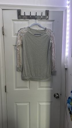 Gray Long Sleeve Top with Sheer Lace Sleeves – Feminine Casual Tee