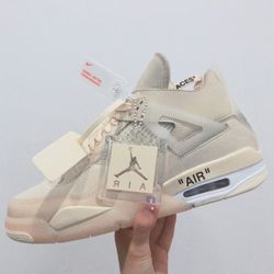 OFF-WHITE x Jordan Air Jordan 4 Leather “Sail” White Sail Mid-top Retro Basketball Shoes Unisex Beige White