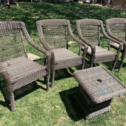 4 Patio chairs and side table Hampton Bay - Wicker / Rattan Chairs: 25 W x 25 D x 34 H  Seat@17” Side table: 19x19x18