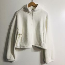 Locryz women’s soft Sherpa coat jacket zip cropped stand up collar white. M
