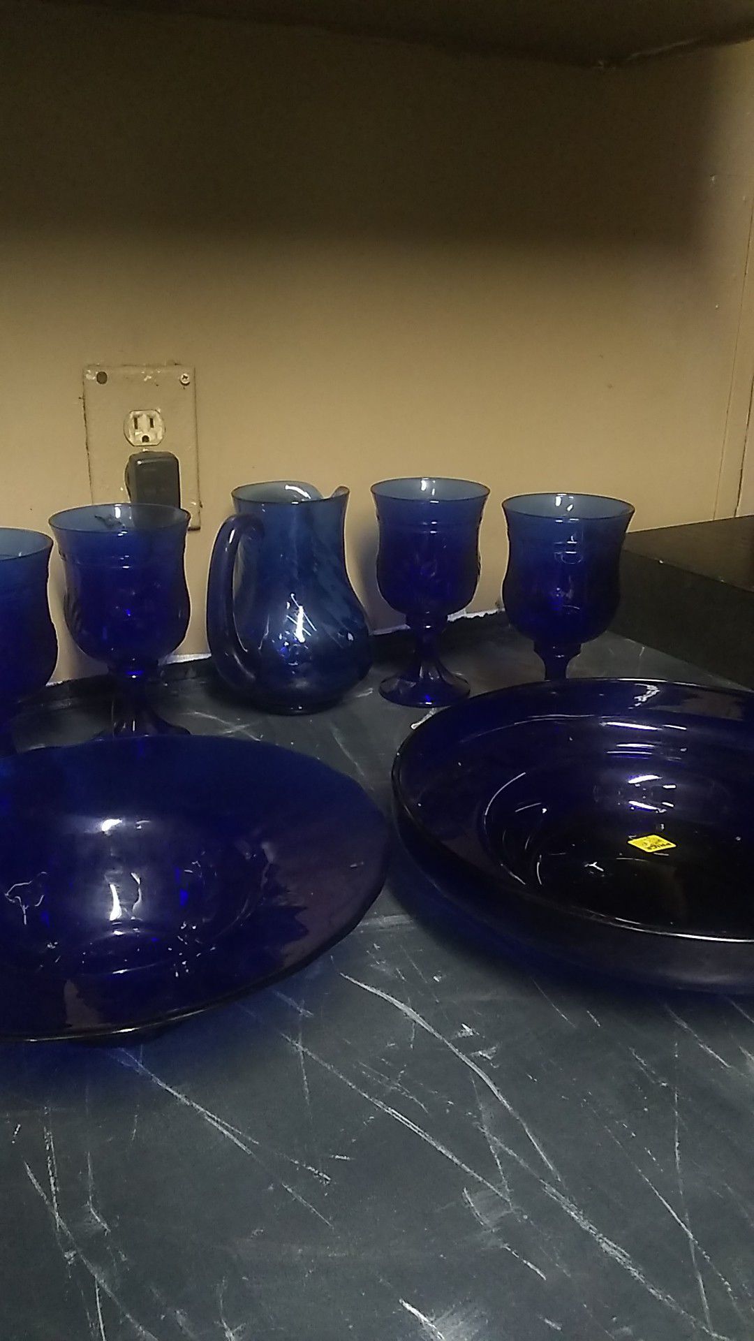 Antique Cobalt Blue picture with glasses and to vintage bowels