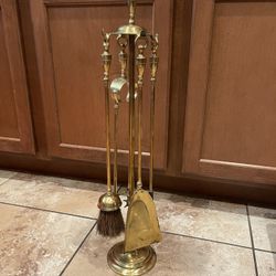 Vintage Brass Fireplace Tool Set - 4 Piece + Stand