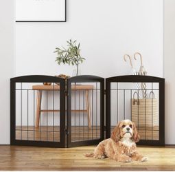Dog Gates for The House Stairs Doorways Indoor Foldable Wooden Small White Puppy Pet Gate Step Over Fence 60" W 24" H 3 Panels Espresso