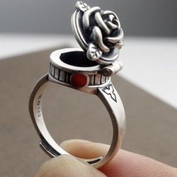 Vintage Rose Locket Ring for Men and Women, Adjustable Open Band Silver Flower Ring