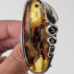 Large Amber Ring Sterling Silver Size 9.5