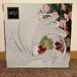 MIKASA Swing Clear Glass Frosted Crystal Swirl Wave Centerpiece Bowl 12.5" -NIB 