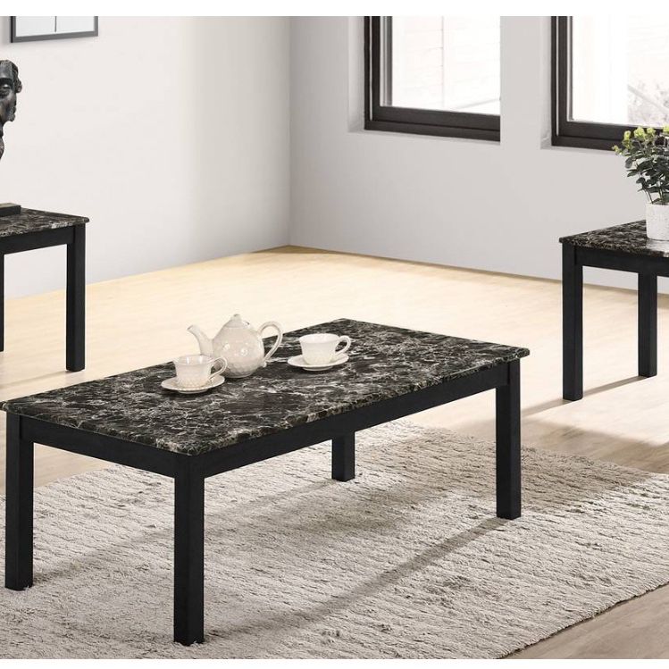 3 Piece Coffee Table Set with Faux Marble Top, Black