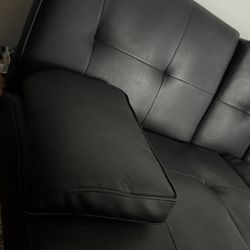 Leather Upholstered Modern Convertible Futon, Adjustable Folding Sofa Bed, Guest Bed w/Removable Armrests - Black