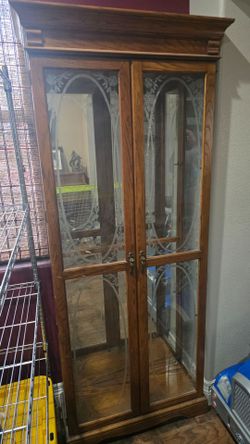 Wood Curio Cabinet with Etched Glass Doors