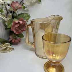 Vintage Jeannette Marigold Carnival Glass Pitcher & Goblet