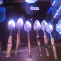 Vintage Set 6 Grapefruit Serrated Spoon Bamboo handle Taiwan Stainless 