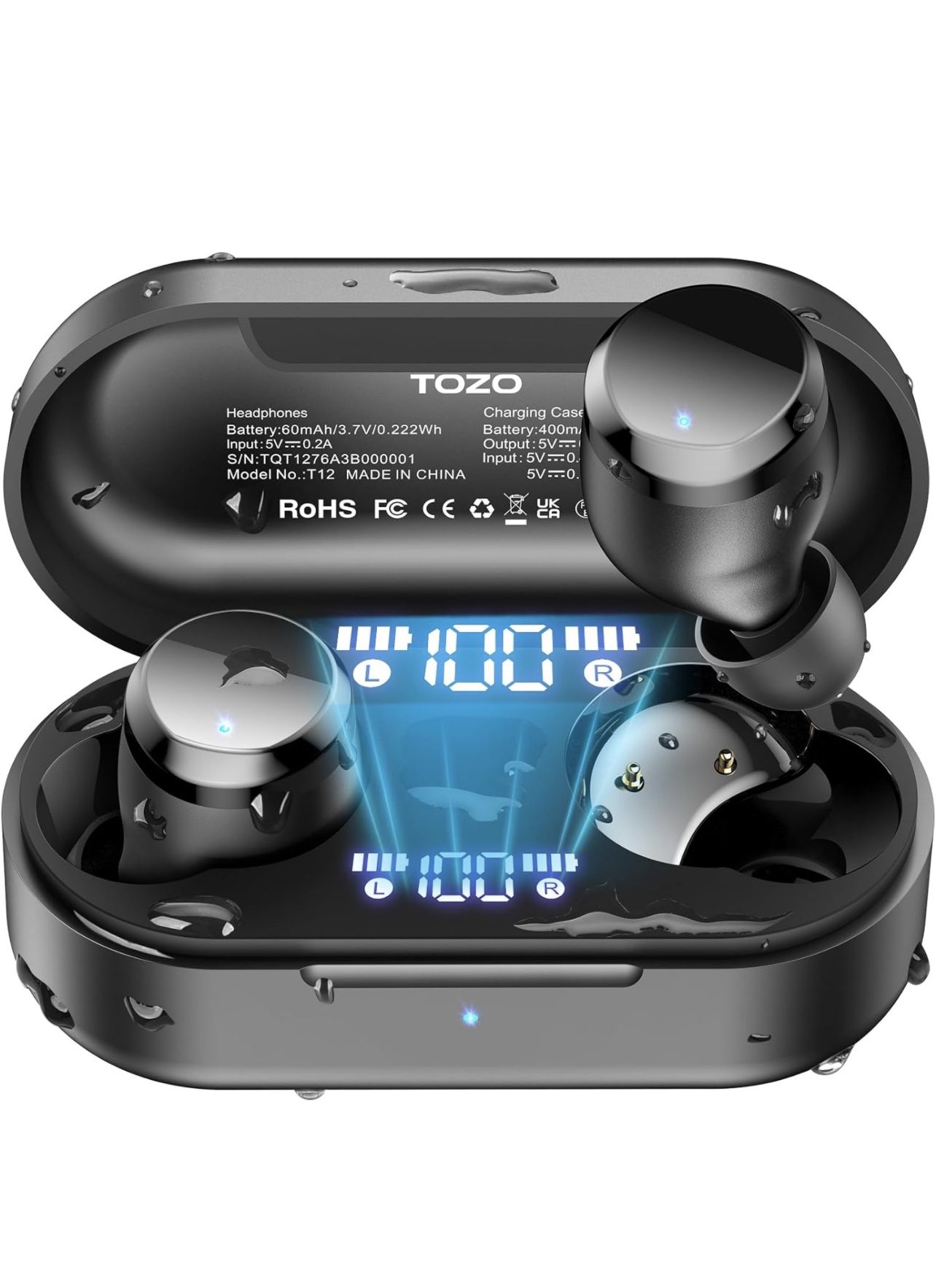 TOZO Tonal Dots Wireless Earbuds Bluetooth 5.3 Headphones Built-in ENC Noise Cancelling Mic, 55H Playtime LED Digital Display with Wireless Charging C