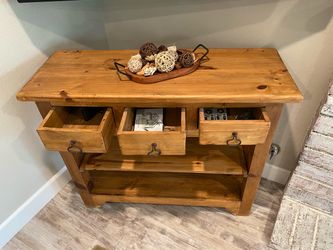 Rustic Pine Sofa Table, 3 Drawers, 2 Shelves