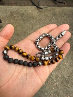 Bulova Jewelry 8.3mm Tiger's Eye and Lava Bead Chain Wrap Bracelet