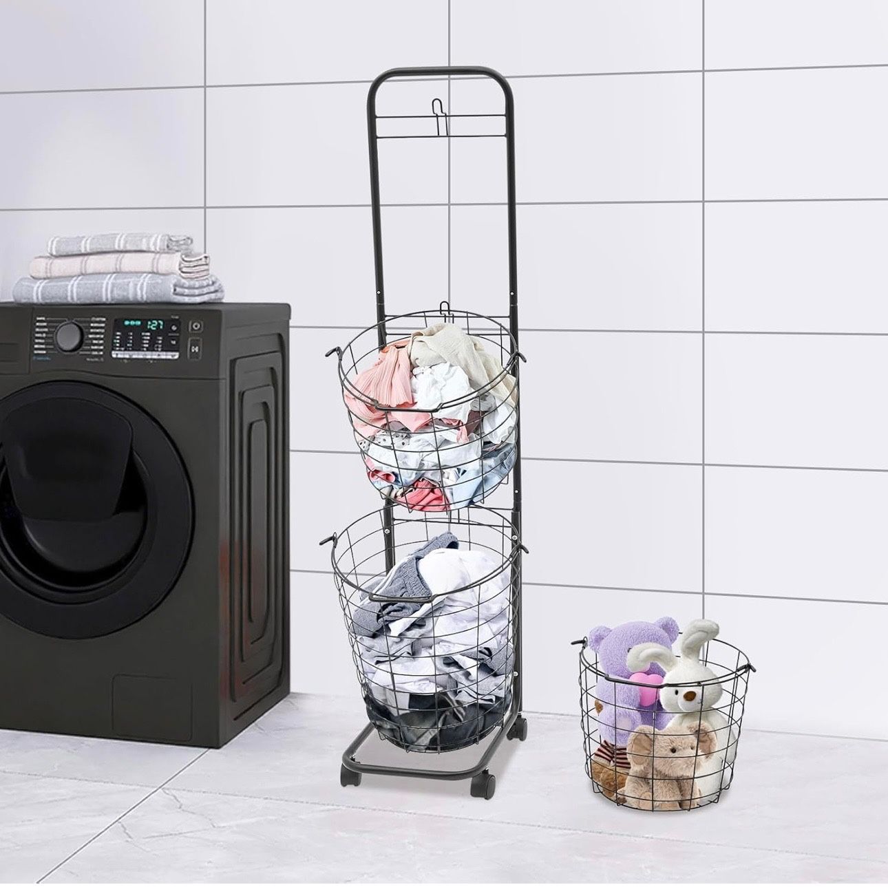 3 Tier Large Rolling Laundry Hamper on Wheels Modern Metal Black Basket Holder for Home Laundry Room, Bathroom, Kitchen - Sorting Clothing Baskets