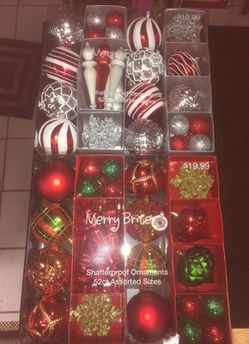 Lot of 2 BRAND NEW MERRY BRITE 52pc ASSORTED SHATTERPROOF ORNAMENTS SETS RED & WHITE THEME BOXES