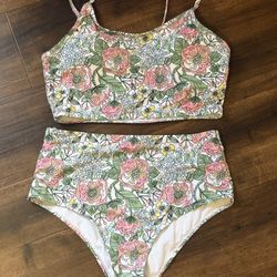 Pink and Green Floral Bikini Set with Vintage Charm