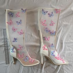 Sheer Mesh Knee-High Heeled Boots with Butterfly Print