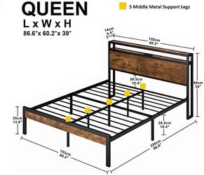 Queen Size Bed Frame, Charging Port for Phone, Lamp, Computer,  Platform Just For Mattress,  Can Deliver
