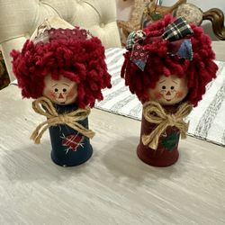 Vintage Wood Spool Raggedy Ann and Andy Dolls Figurines Handmade Yarn Hair