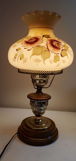 Vintage lamp with floral glass top and wood / brass stem