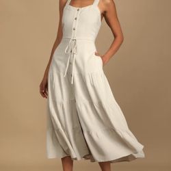 Lulus Beige Button-Front Tiered Midi Dress