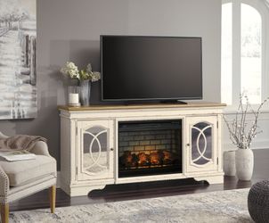 Realyn Chipped White 74" TV Stand with Electric Fireplace (Online Special Price)