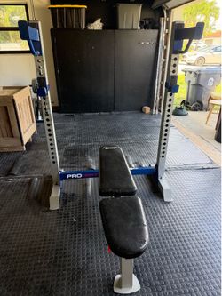Pro OB 600 weight bench and squat rack set with adjustable block dumbbells and extra bench