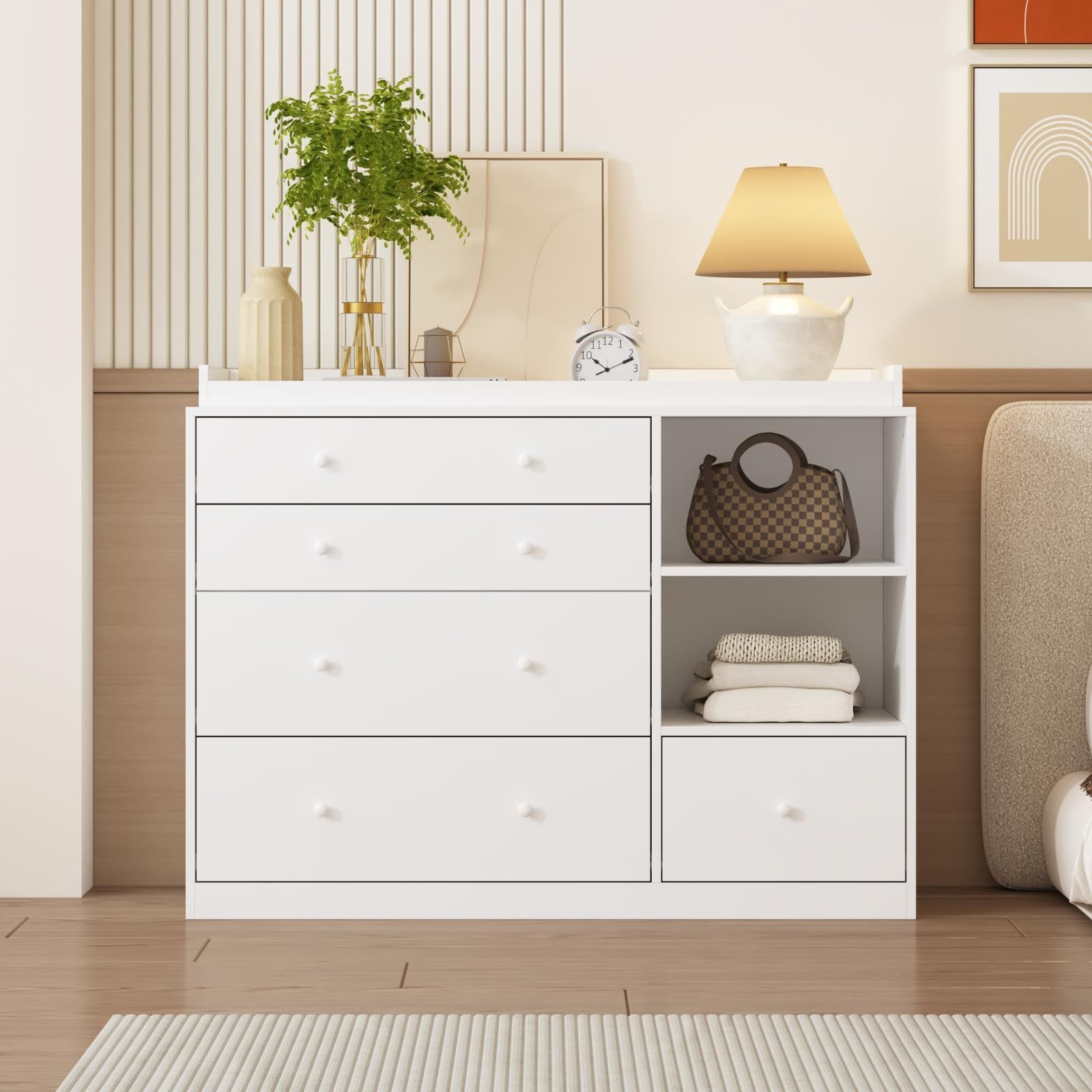 5-Drawers White Wood Dresser Vanity Table Chest of Drawers Storage Cabinet with Shelf 36.1 in. H x 47.2 W x 19.7 D